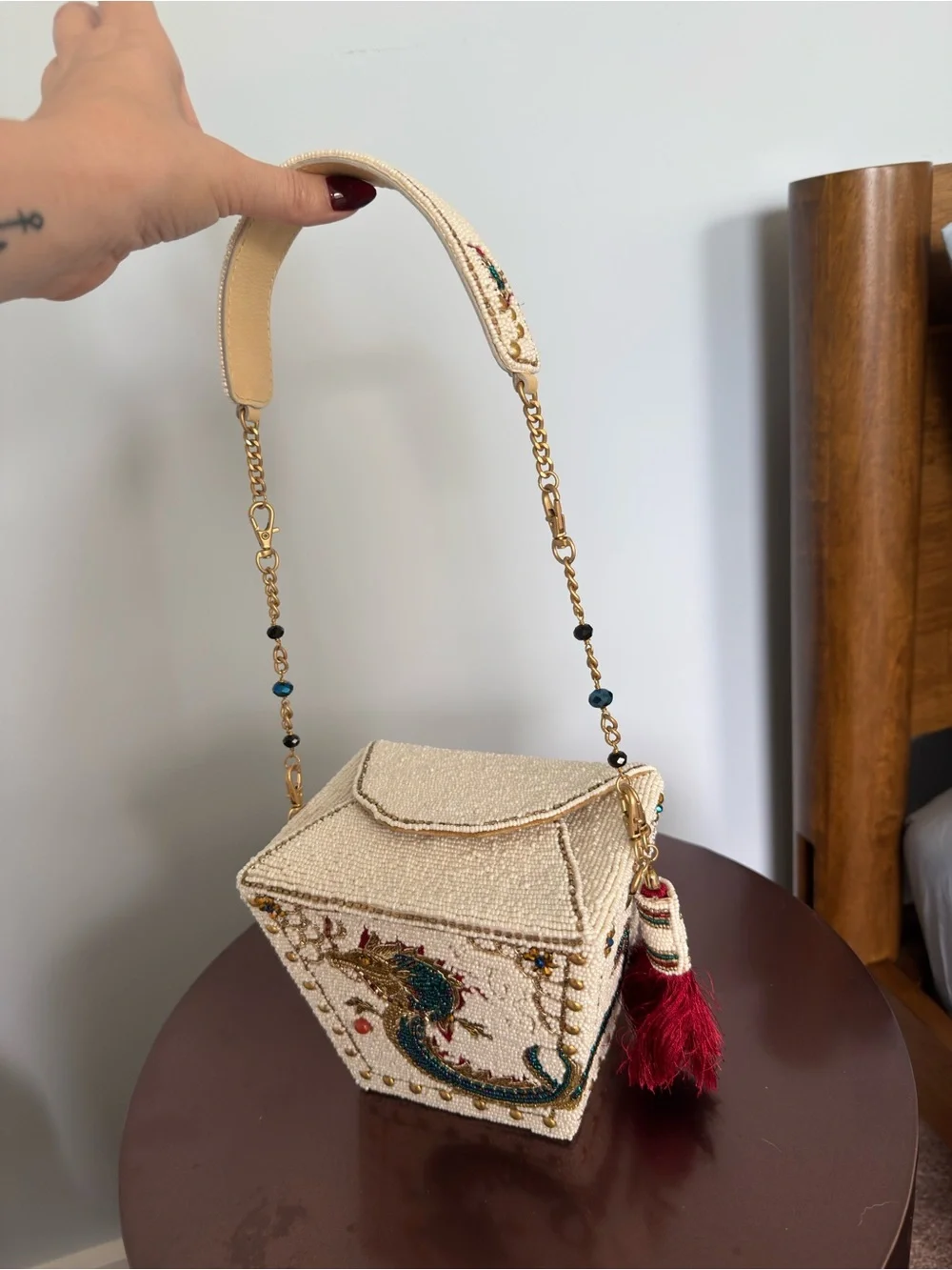 Mary Frances Fully Beaded Ivory Dragon Evening Clutch with Red Tassel NWOT - Picture 4 of 6